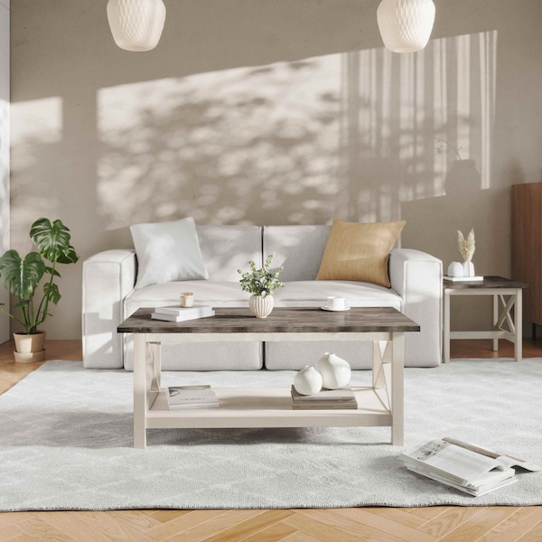 Flash Furniture Jasper Farmhouse Style Solid Wood Coffee Table w/X-Frame Design and Lower Shelf, Gray and White LFS-2007-GRYWHT-GG - main
